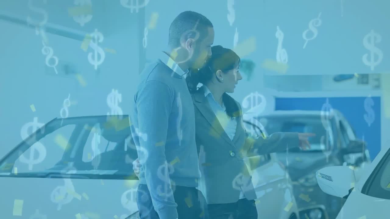 una pareja está discutiendo opciones de financiamiento para un coche en un concesionario.
