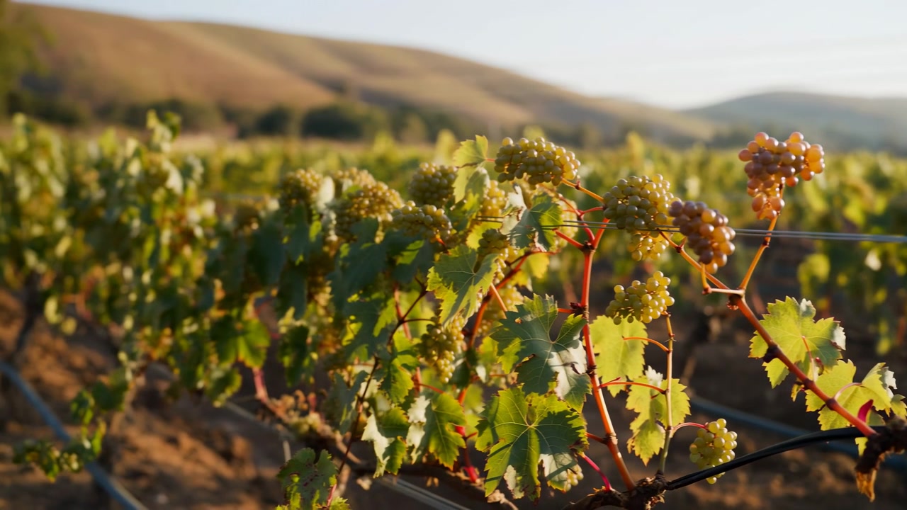 Scena di vigneto da un'angolazione bassa con grappoli d'uva dal verde pallido al dorato appesi a steli rossi su fili di traliccio, tubi di irrigazione visibili, filari di viti, luce solare calda e colline sfocate.