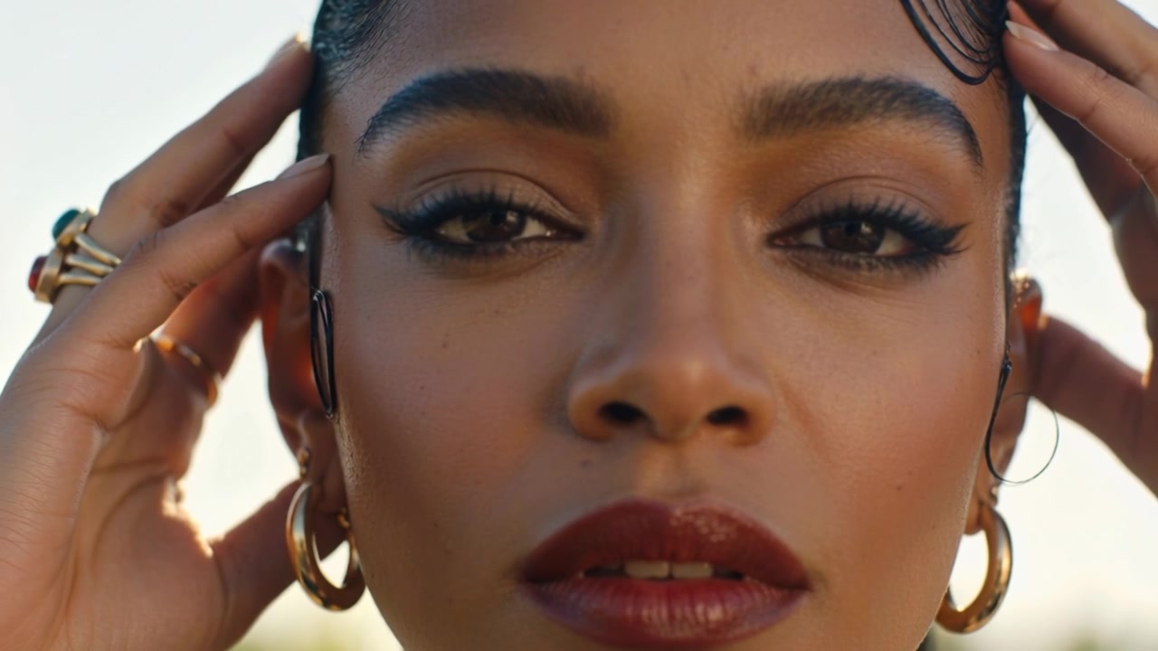 Starting hands framing forehead, woman adjusting baby hairs to reveal gold hoops and rings outdoors