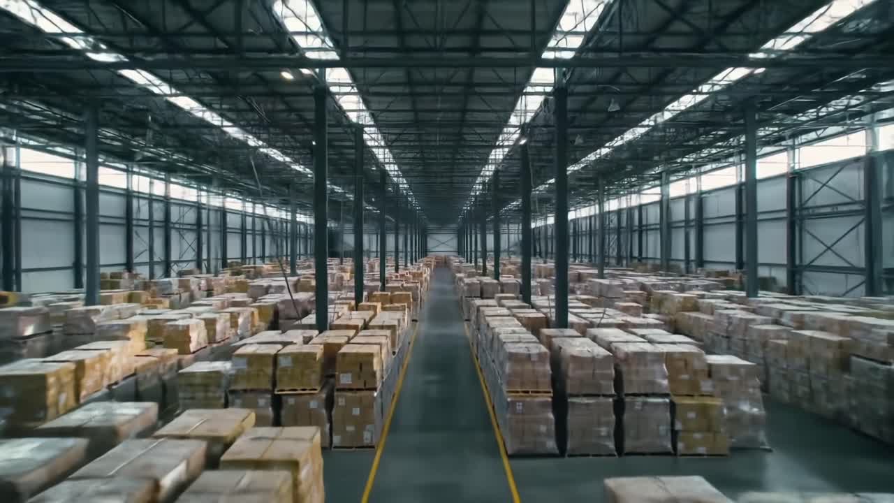 A Vast Warehouse Interior Showcasing Numerous Stacked Pallets and Boxes, Capturing the Expansive Logistics and Storage Space Equipped for Efficient Operations