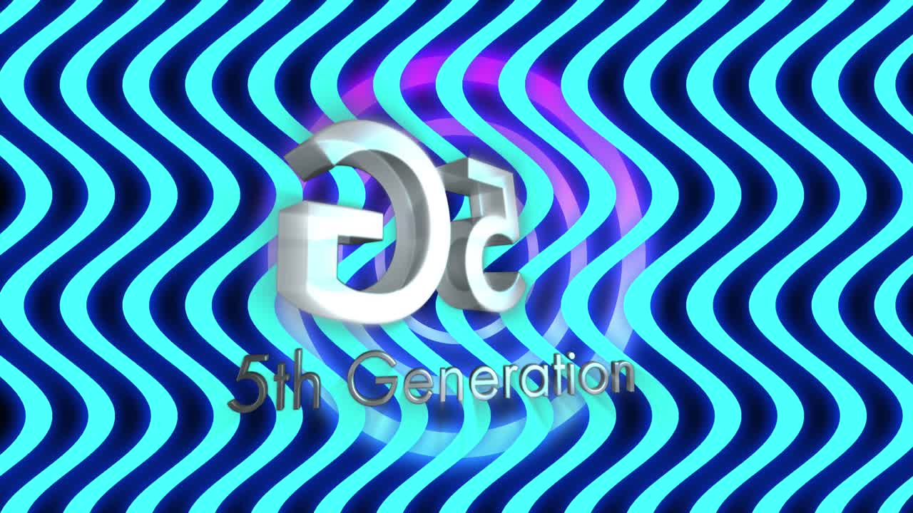 animación de texto de 5g 5a generación sobre rayas onduladas azules brillantes y círculo púrpura
