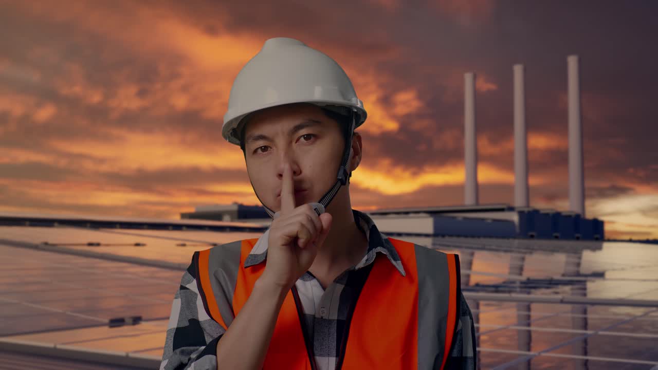 Nærbillede af en asiatisk mandlig ingeniør med sikkerhedshjelm, der laver en "shh"-gestus, mens han står og inspicerer solpaneler på et tag ved solnedgang.