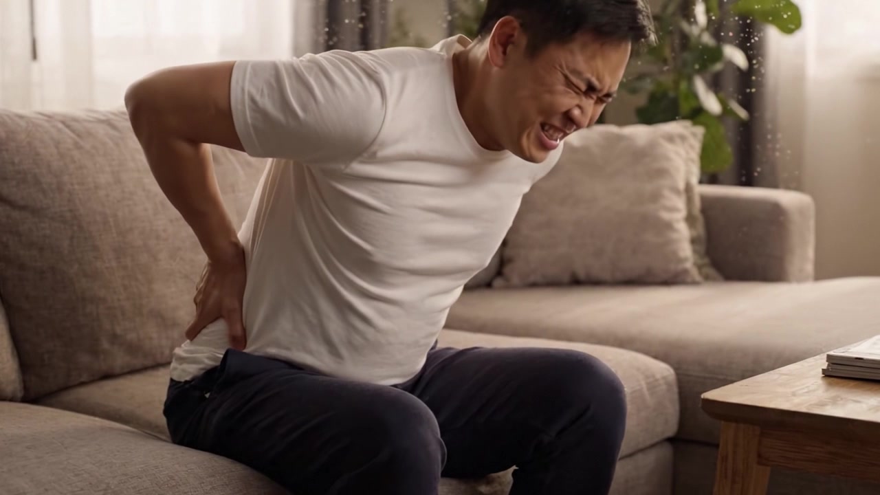 A man experiencing discomfort while sitting on a couch, capturing the struggle of managing physical pain in a home setting during an everyday moment.