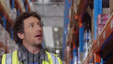 animation of data processing over man working in warehouse