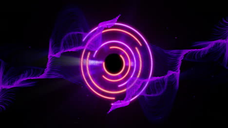 animation of neon circles over purple shapes on black background