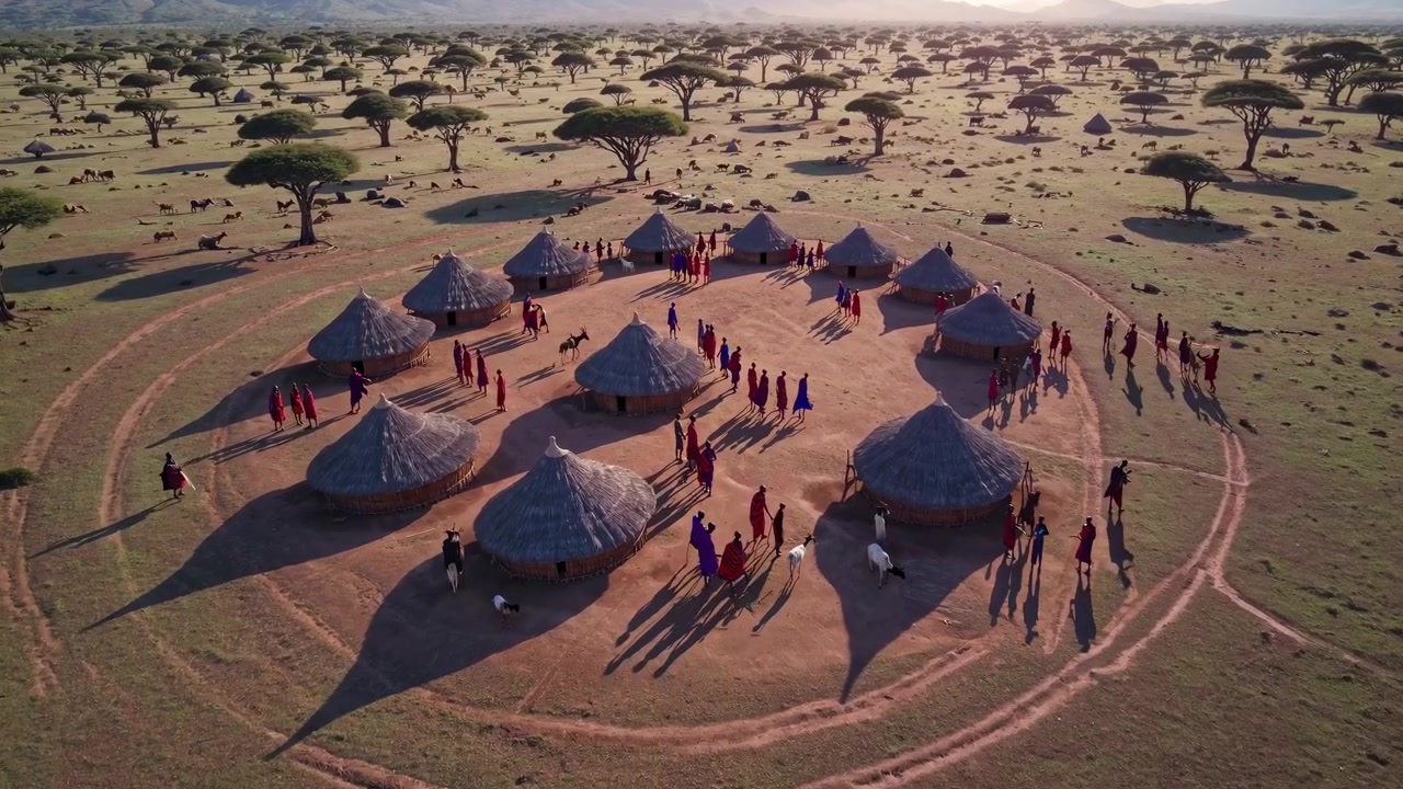 Pemandangan Udara Desa Maasai di Sabana Afrika