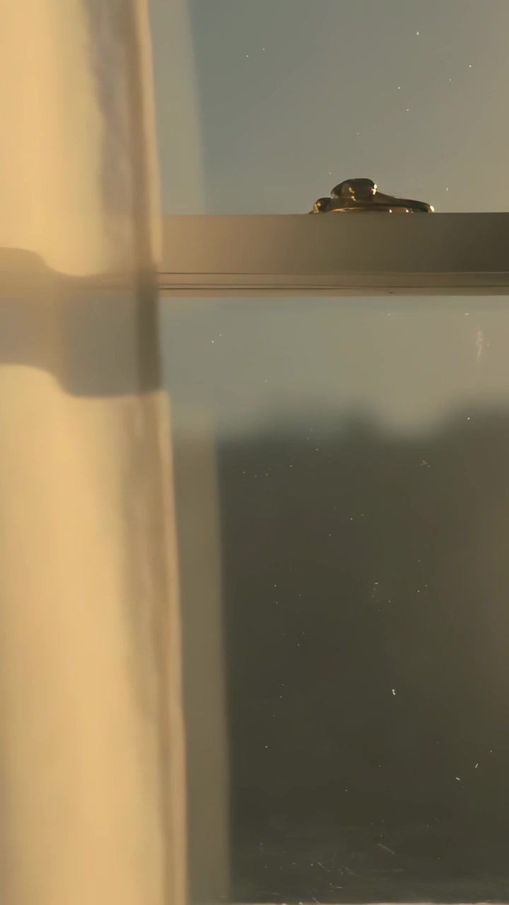 Vertical video: Camera moving closer, small tree frog clinging to upper track near curtain