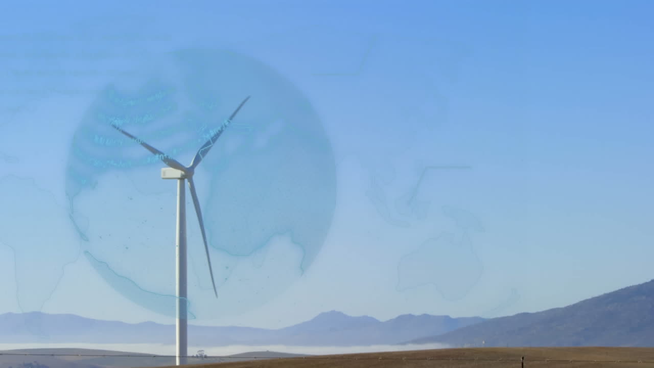 시골 에 있는 풍력 터빈 위 에 있는 지구 의 애니메이션