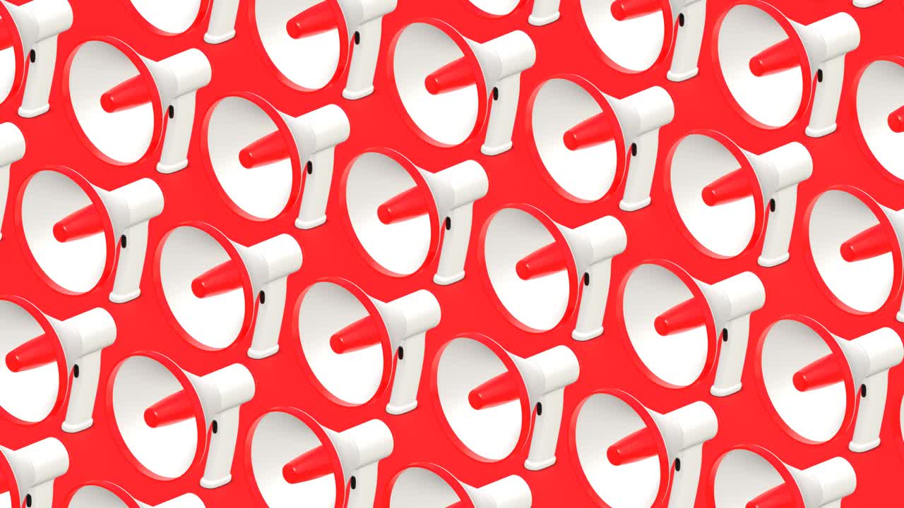 빨간색 배경에 많은 메가폰이 있습니다.