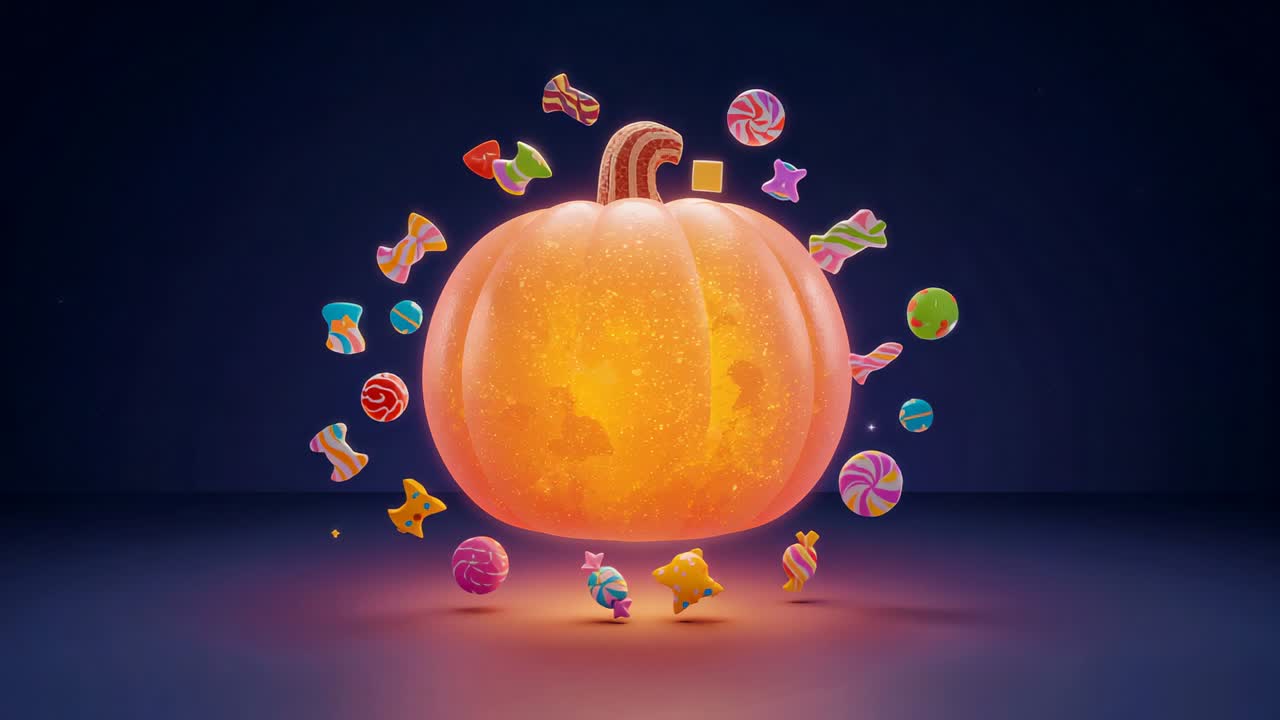 At clip start, glowing pumpkin pulsing on studio floor as colorful candies orbit drifting sparkles