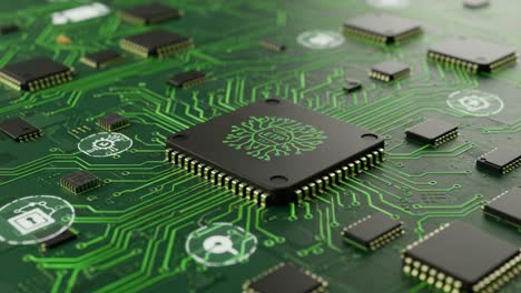 a close-up view of a computer circuit board with integrated chips and intricate wiring patterns highlighting modern electronic technology