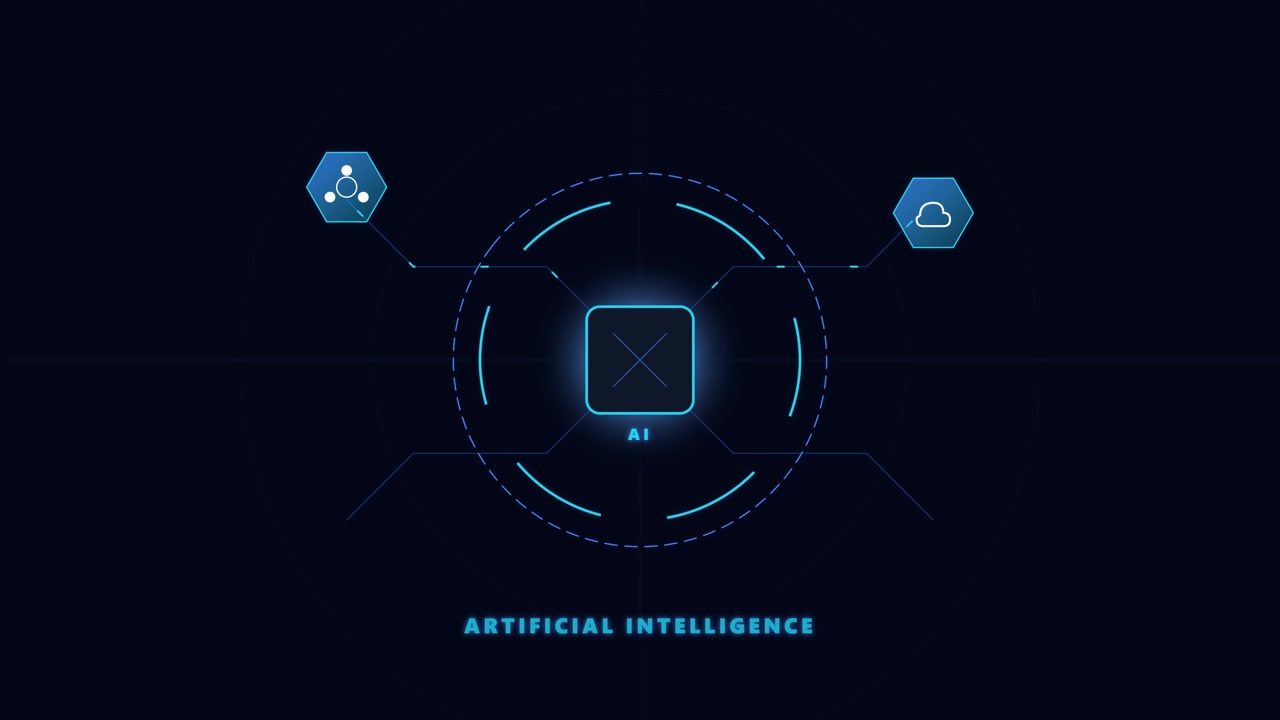 Digital Artificial Intelligence Interface with Glowing HUD Elements