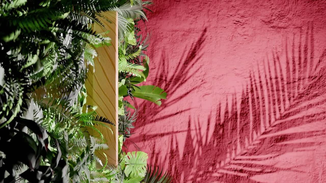 A Wooden podium surrounded by tropical green foliage with palm leaf shadows on red textured wall. Minimalist product display template. Summer and nature concept. wallpaper.copy space. vertical