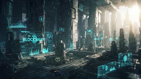 exploring a futuristic blockchain cityscape: a glimpse into advanced technology and digital interactions in a vibrant cybernetic environment