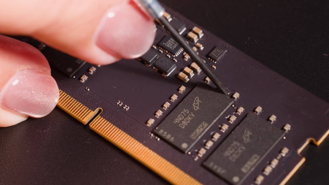 Close-up macro shot of hands using a precision tool to repair a computer RAM chip