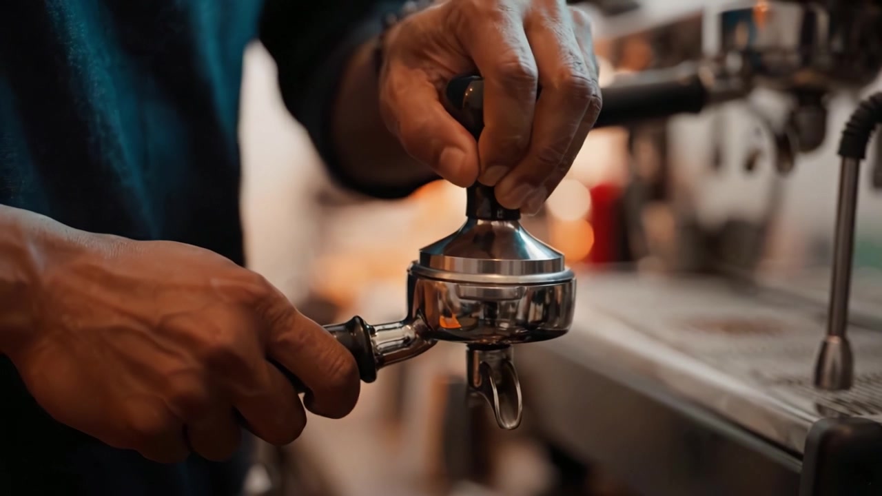 Preparare l'espresso perfetto: mani che preparano caffè appena macinato in una macchina da caffè espresso professionale per un'esperienza di bevanda ricca e aromatica.