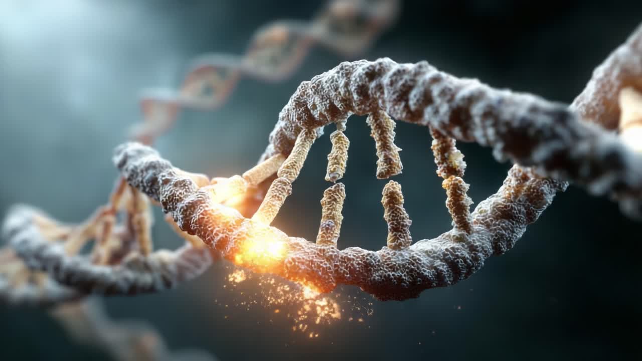 Exploring the Intricacies of DNA: A Stunning Visualization of Genetic Structures with Dynamic Lighting Effects and a Mysterious Ethereal Background