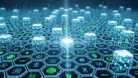 exploring a futuristic digital landscape with glowing hexagonal grid and data cubes representing advanced technology and innovative solutions in a networked environment