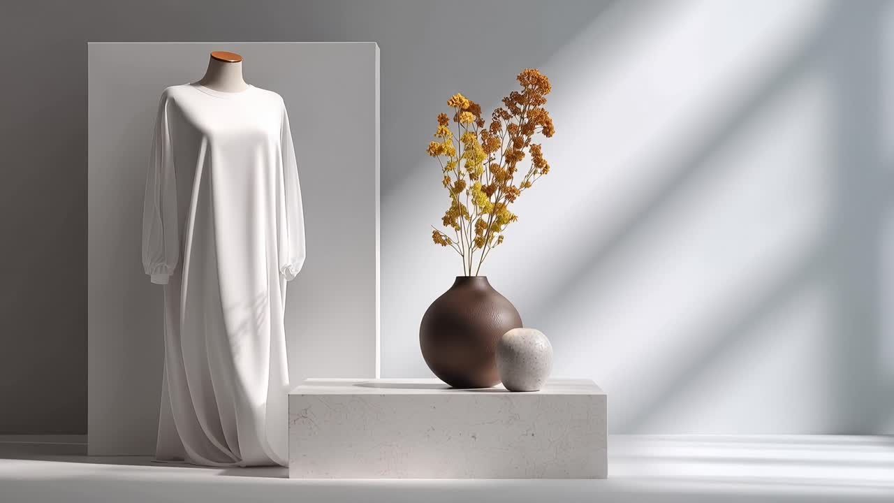Estúdio minimalista com luz suave e quente. Um vestido branco drapeia elegantemente ao lado de um vaso. Flores secas adicionam um contraste sutil e terroso. O vaso repousa sobre um pedestal limpo e geométrico.