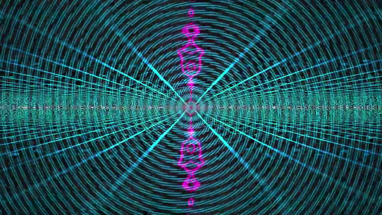Tunnel digitale astratto con onde di luce al neon pulsanti