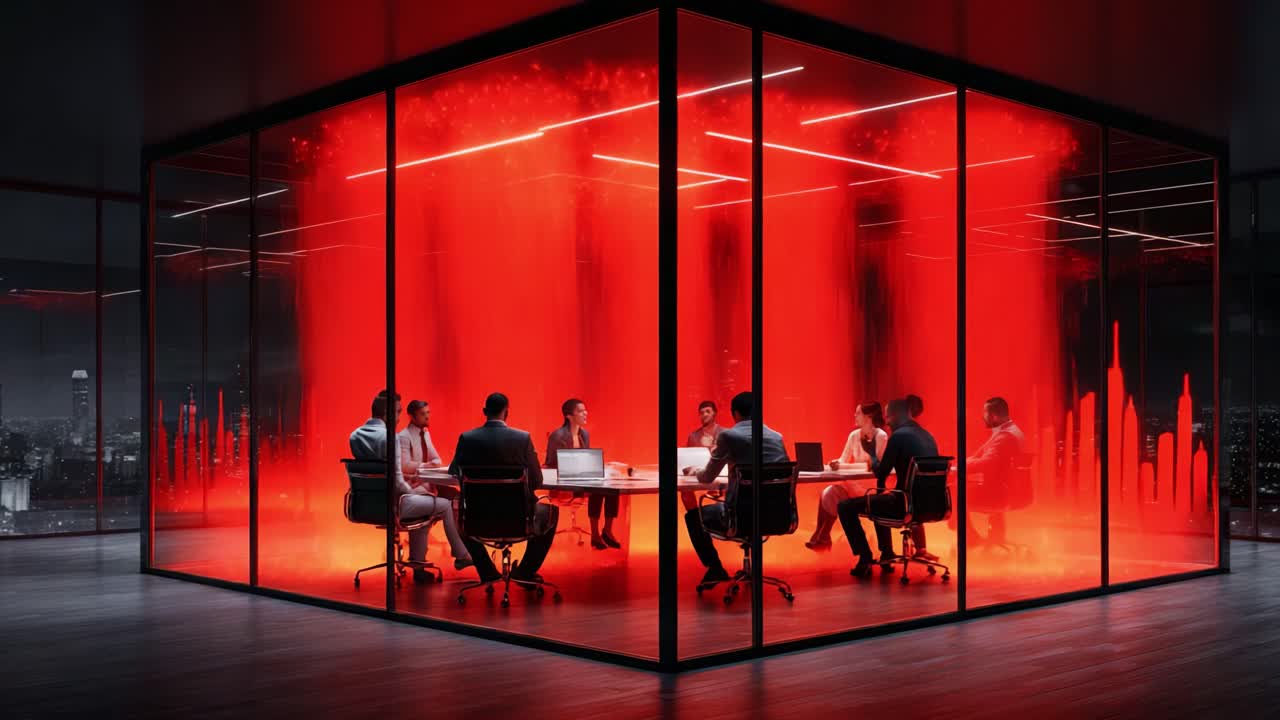 A group of professionals engage in a dynamic, high-stakes discussion inside a futuristic glass conference room illuminated by intense red lighting, showcasing modern corporate culture and innovation