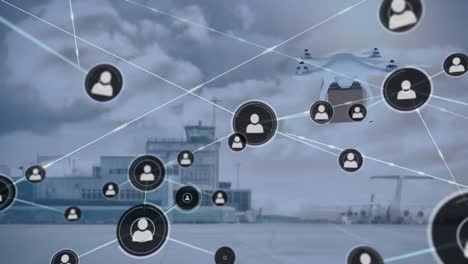 animación de la red de conexiones a través de drones con paquetes a través del aeropuerto