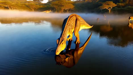 dinosaur drinking water in a misty morning landscape