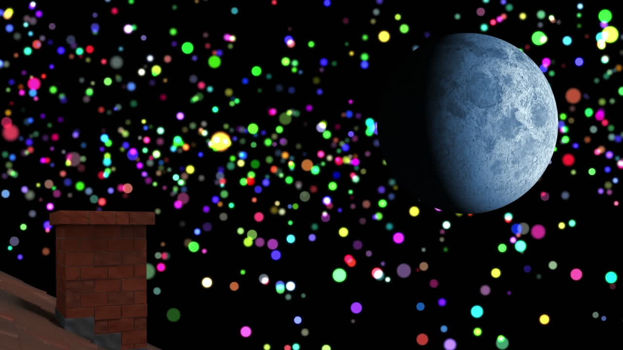 굴 ⁇ , 반 ⁇ 이는 반점이 떨어지고 달이 있는 겨울 크리스마스 풍경의 애니메이션