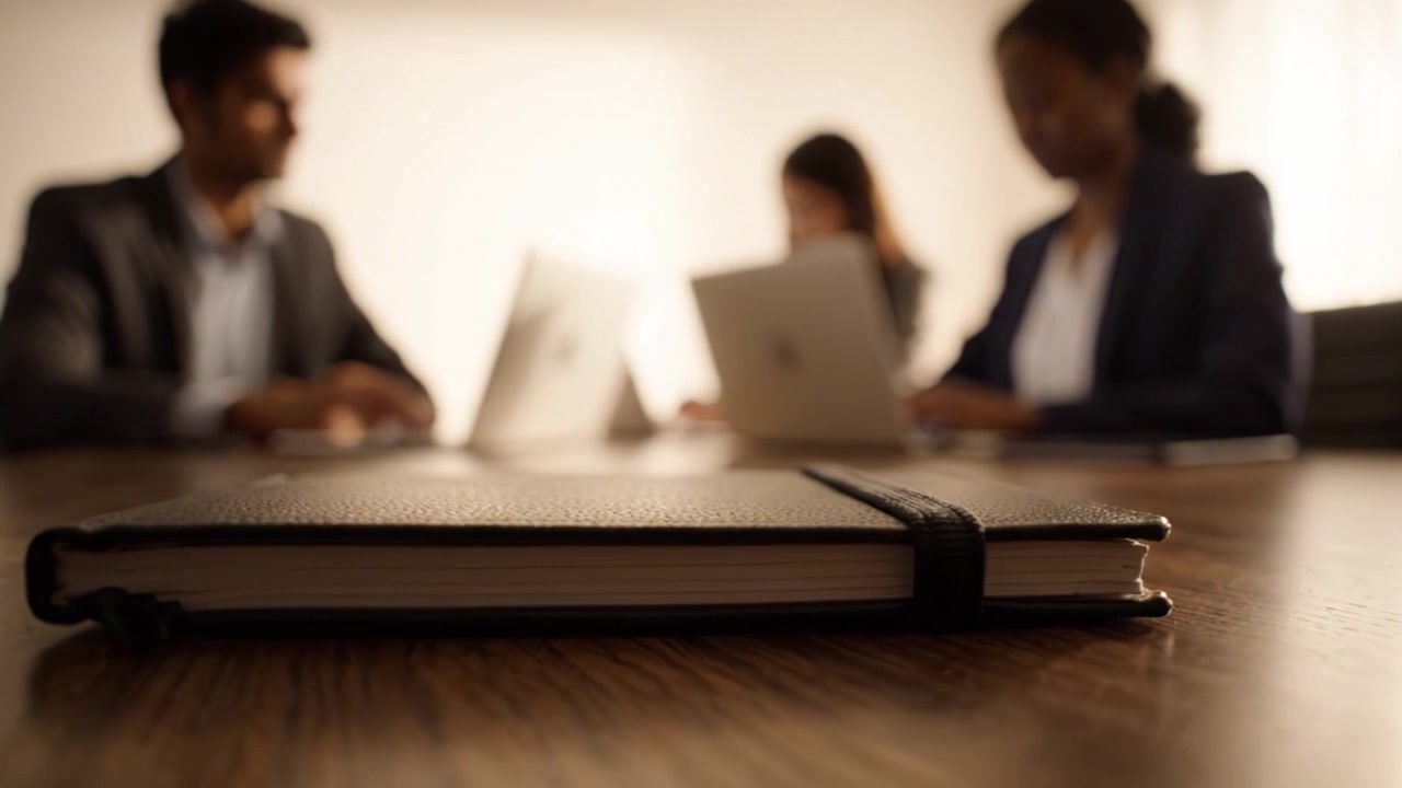 Colleghi impegnati in un lavoro collaborativo a un moderno tavolo d'ufficio con laptop e un taccuino in primo piano, che evidenzia interazioni professionali dinamiche