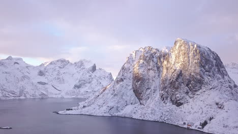 aerial of the mountain behind hamnoy, lofoten islands, norway