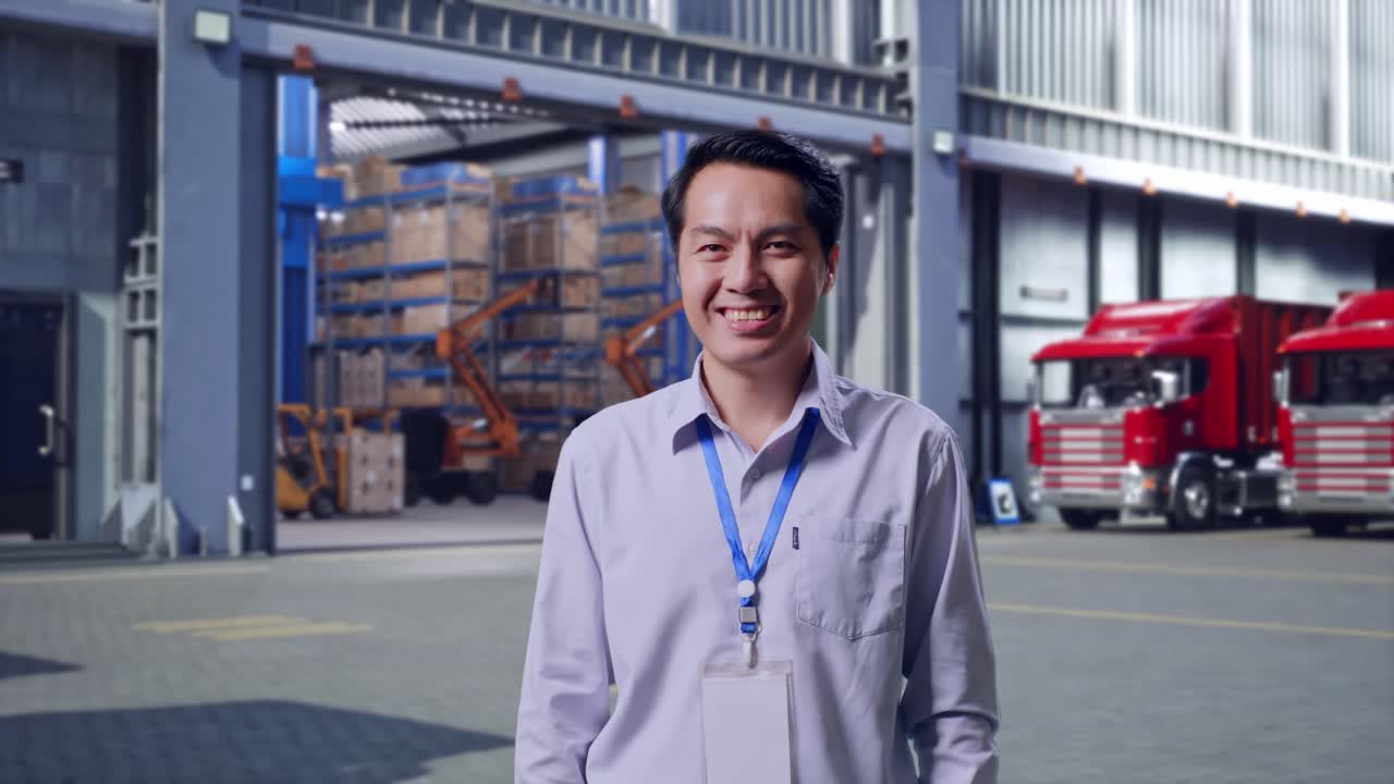 Shot Captures Of An Asian Male Professional Worker Standing, Outside of Logistics Distributions Warehouse, His Broad Smile At The Camera