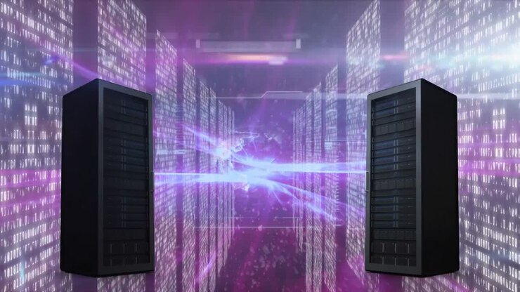 Animation of data processing with light trails over computer servers