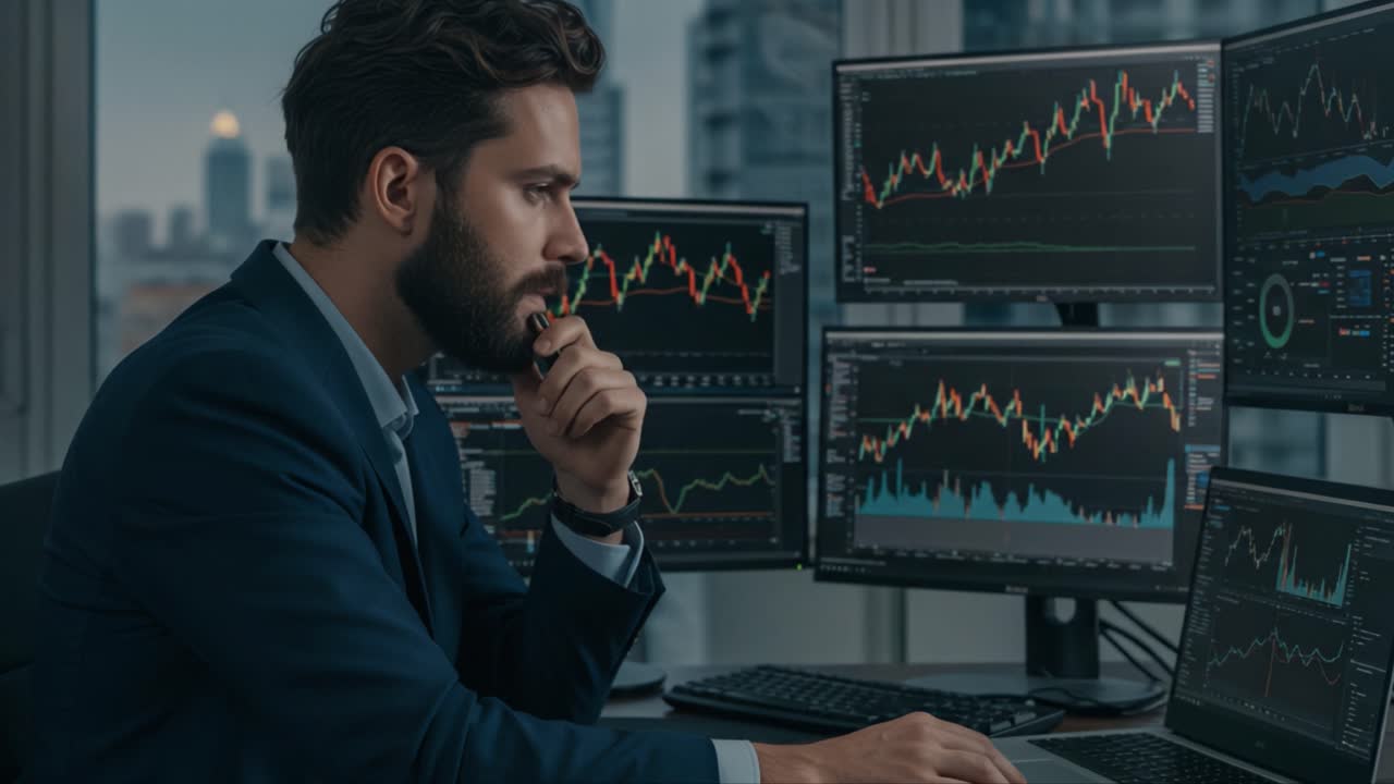A focused professional analyzing stock market trends in a modern office with multiple screens displaying intricate financial graphs and data metrics
