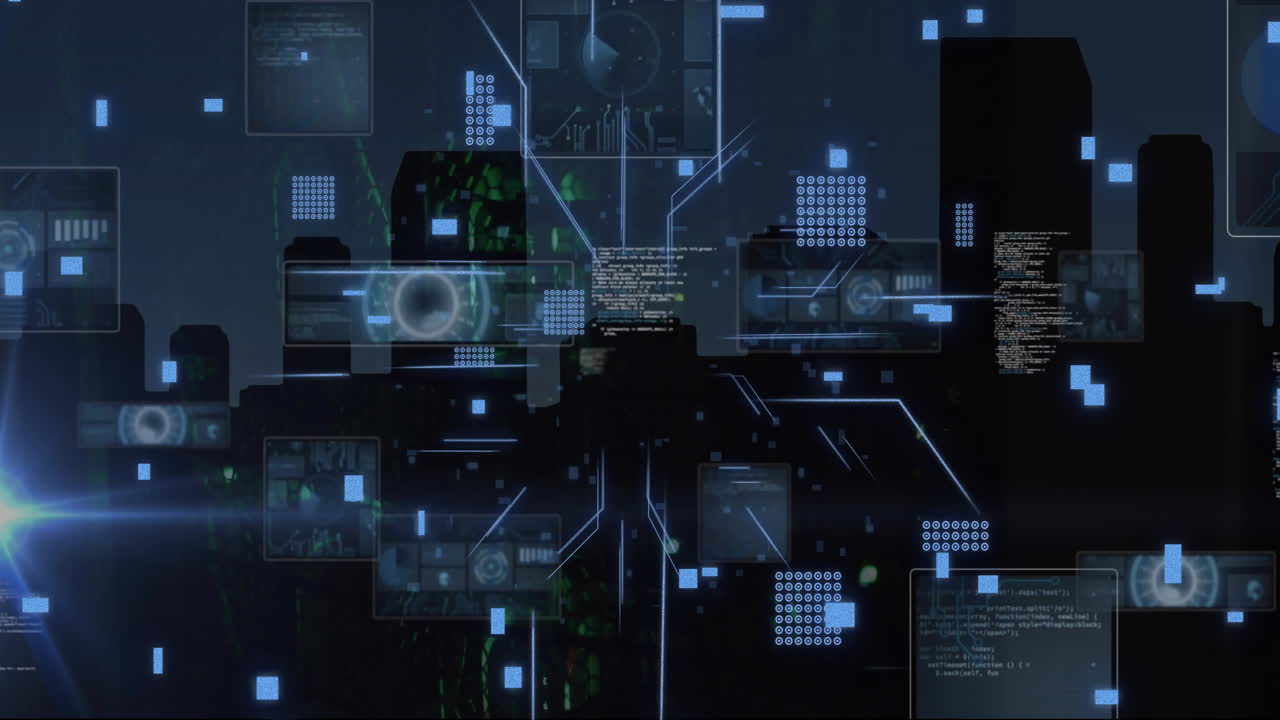Animation of digital data processing and circuit board over computer servers