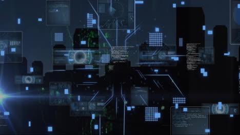 animation of digital data processing and circuit board over computer servers