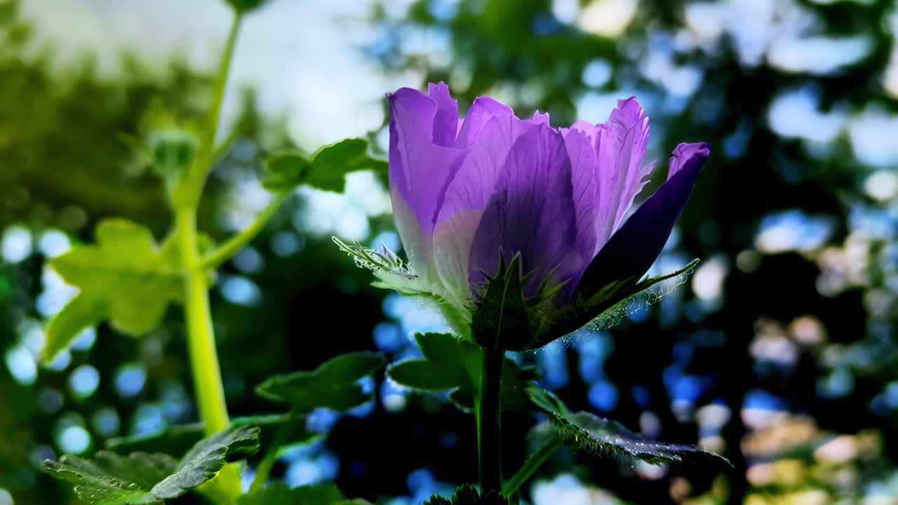 Close-up video shot of a purple flower bud with sunlight, capturing nature's beauty