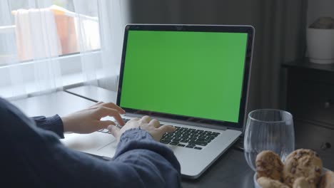 Mujer-En-El-Interior-Trabajando-Con-Una-Computadora-Portátil-De-Pantalla-Verde-Sobre-La-Mesa