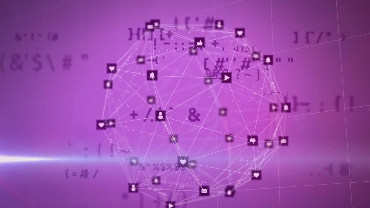Animation of changing symbols and light spot over globe of digital icons against purple background