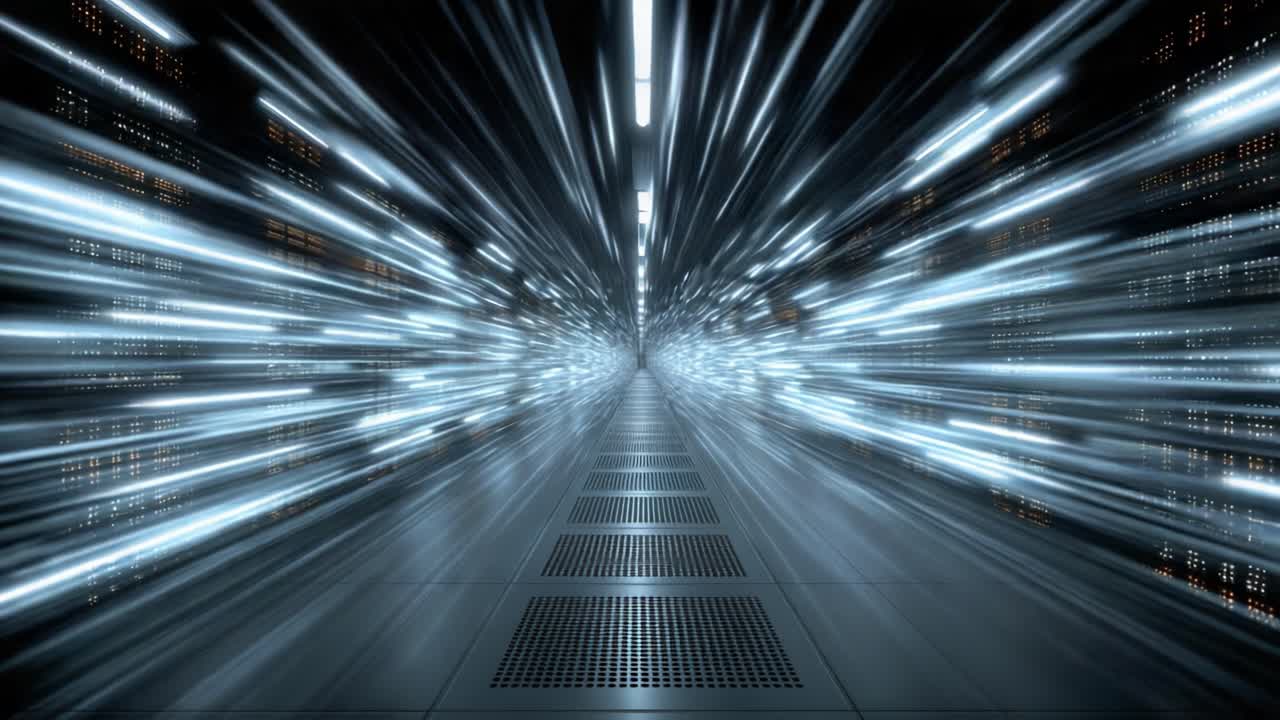 Un viaggio visivo dinamico attraverso una sala server ad alta tecnologia, che cattura l'essenza della velocità e della connettività mentre le luci si sfocano in un ambiente futuristico.