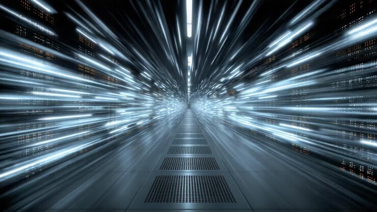 Un viaggio visivo dinamico attraverso una sala server ad alta tecnologia, che cattura l'essenza della velocità e della connettività mentre le luci si sfocano in un ambiente futuristico.