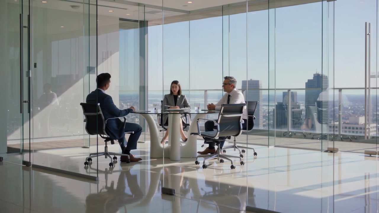 Speaking left man in suit leading meeting at tower conference room, round table, woman taking notes