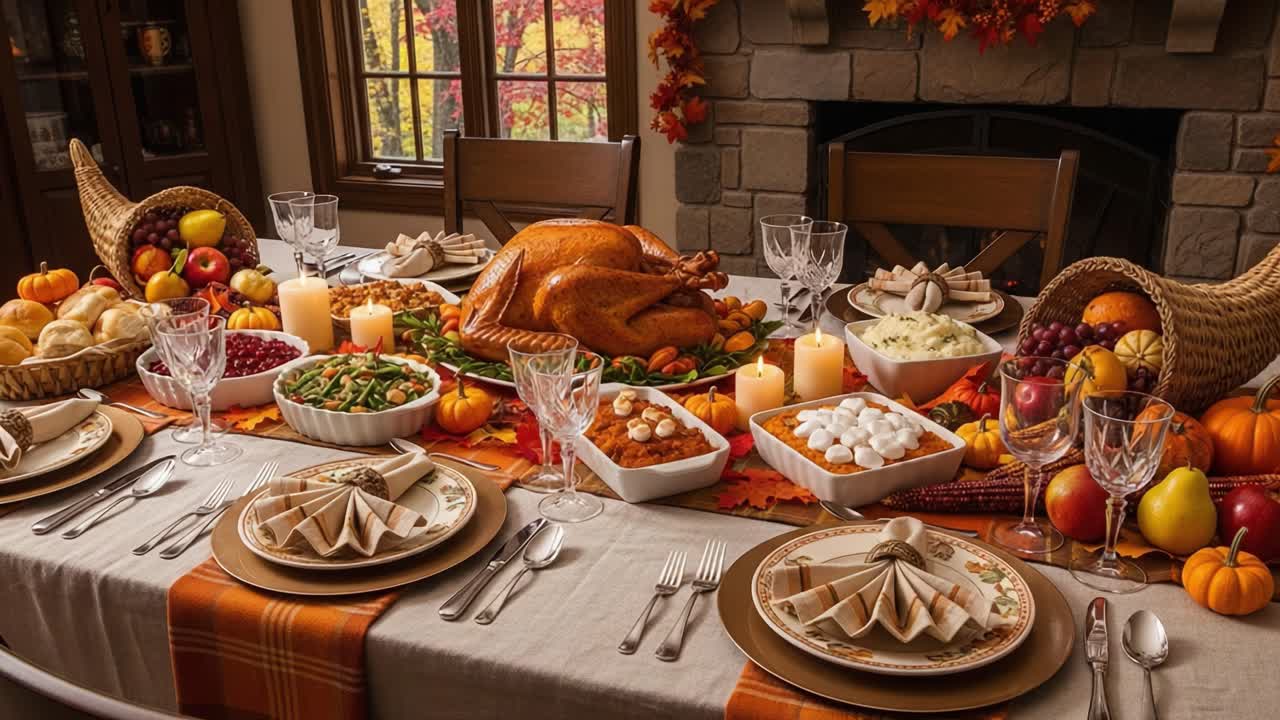 A Beautifully Set Thanksgiving Dinner Table Featuring a Golden Brown Turkey Surrounded by an Array of Seasonal Dishes, Decorations, and Autumnal Ambiance