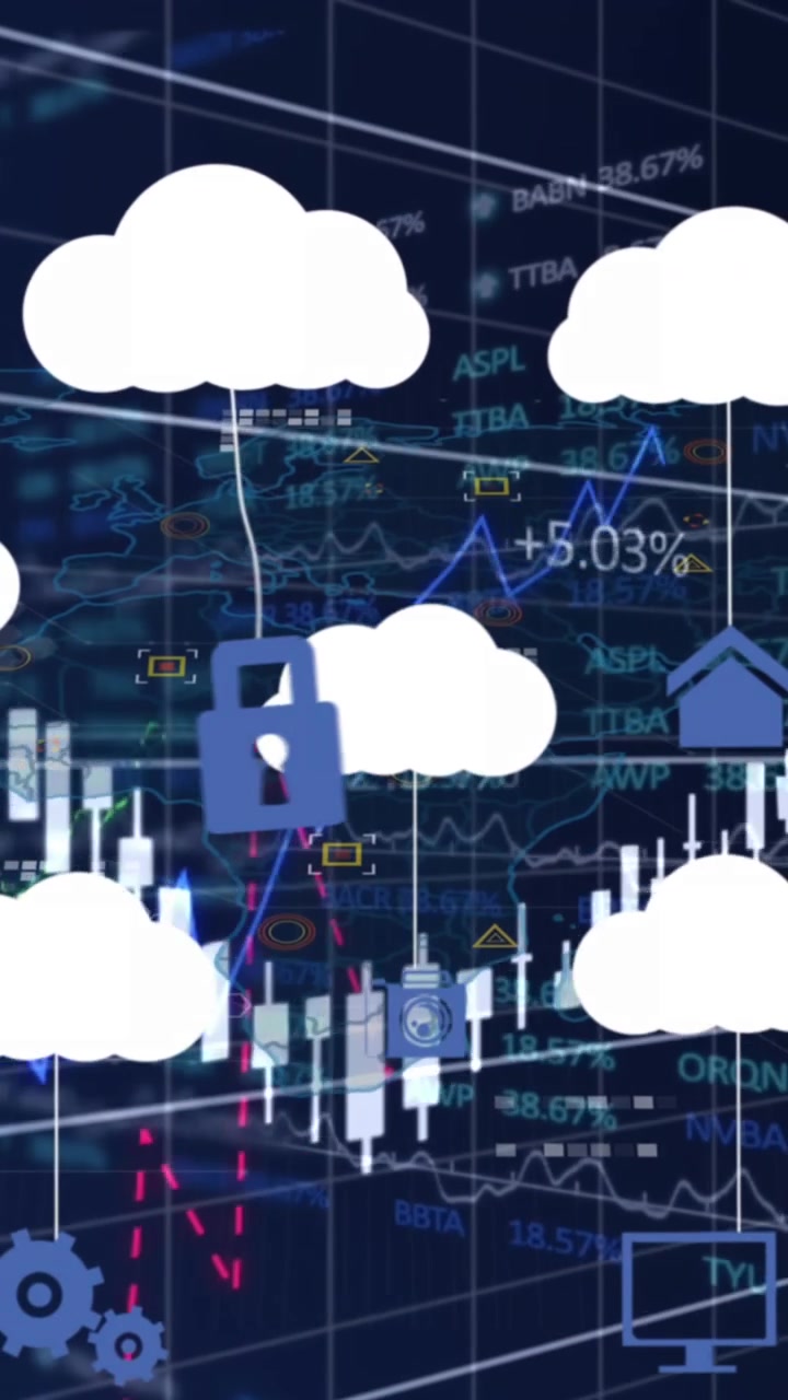 Animation of clouds with icons over data processing on black background