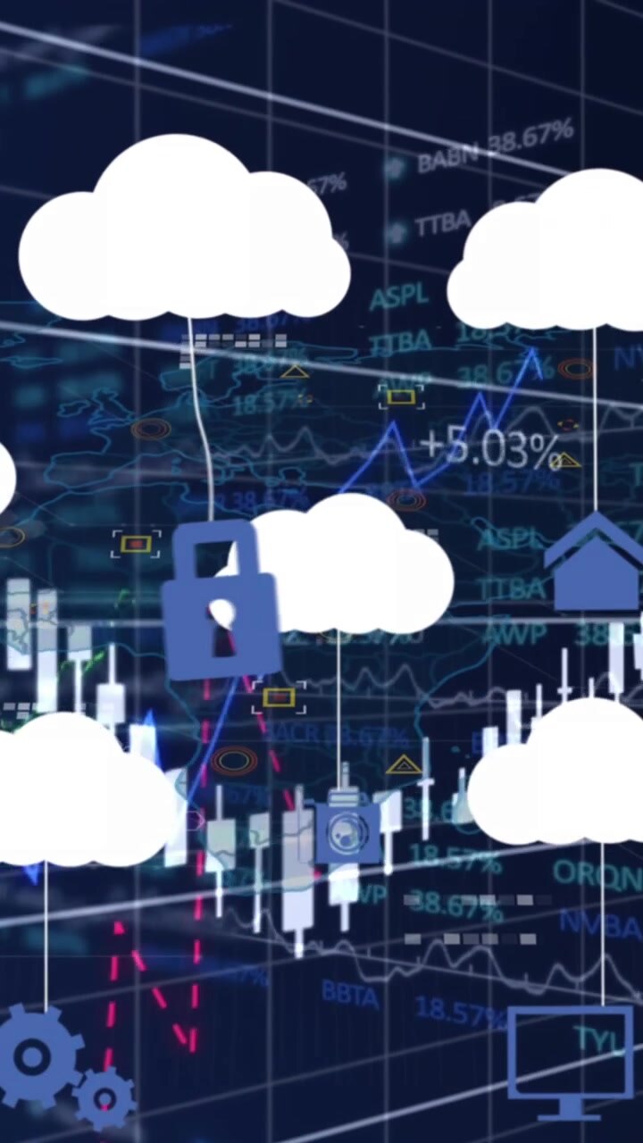 Animation of clouds with icons over data processing on black background