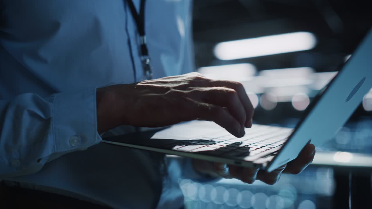 Data Center Programmer Using Digital Laptop Computer, Maintenance IT Specialist. Cloud Computing Server Farm System Administrator Working on Cyber Security for Iaas, saas, paas. Closeup Focus on Hands