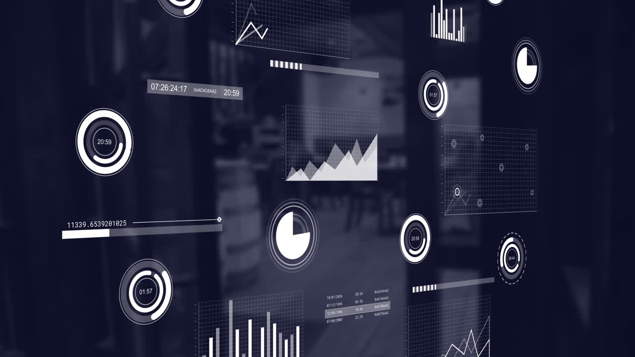 Animation of multiple graphs moving over entrance of empty coffee shop