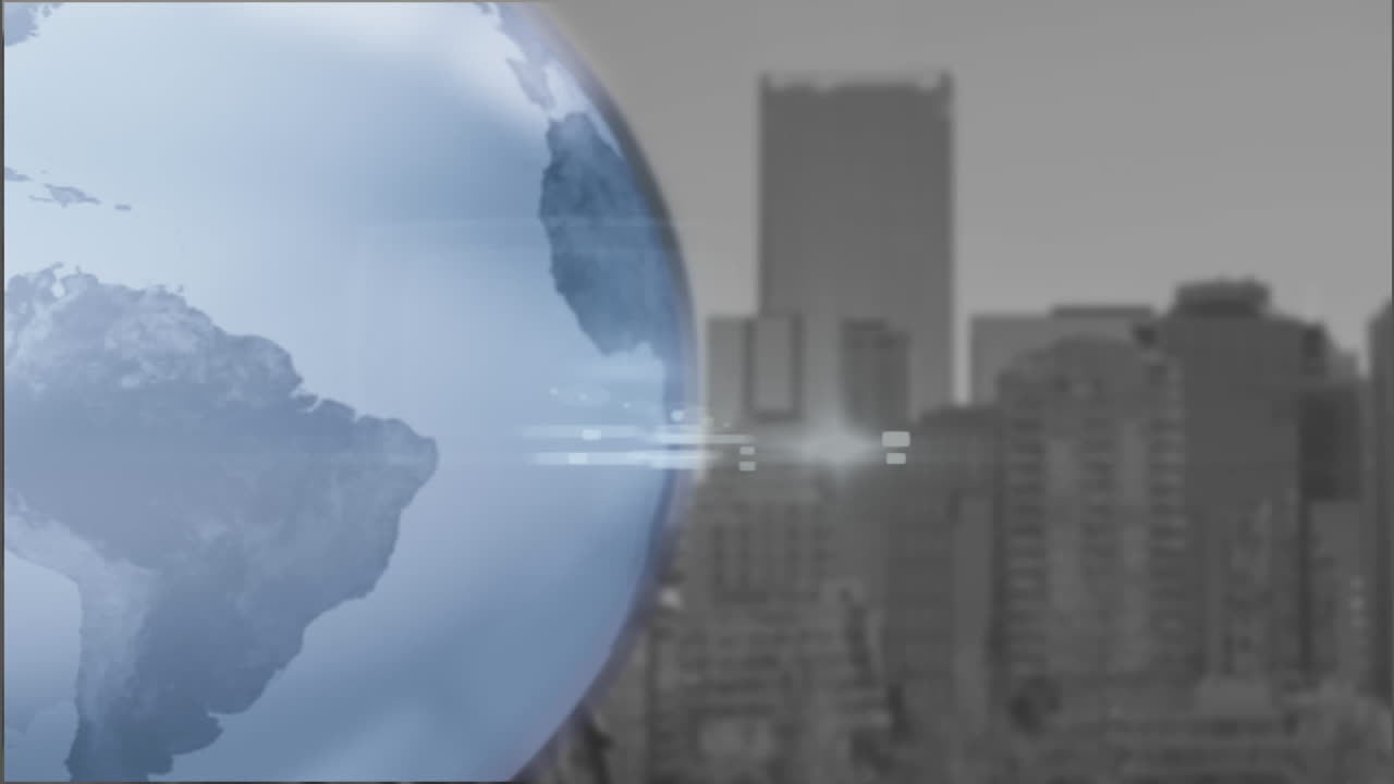 animación de un globo giratorio sobre el paisaje urbano