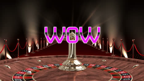 animación de banner de texto wow sobre la ruleta y la alfombra roja y las barreras doradas
