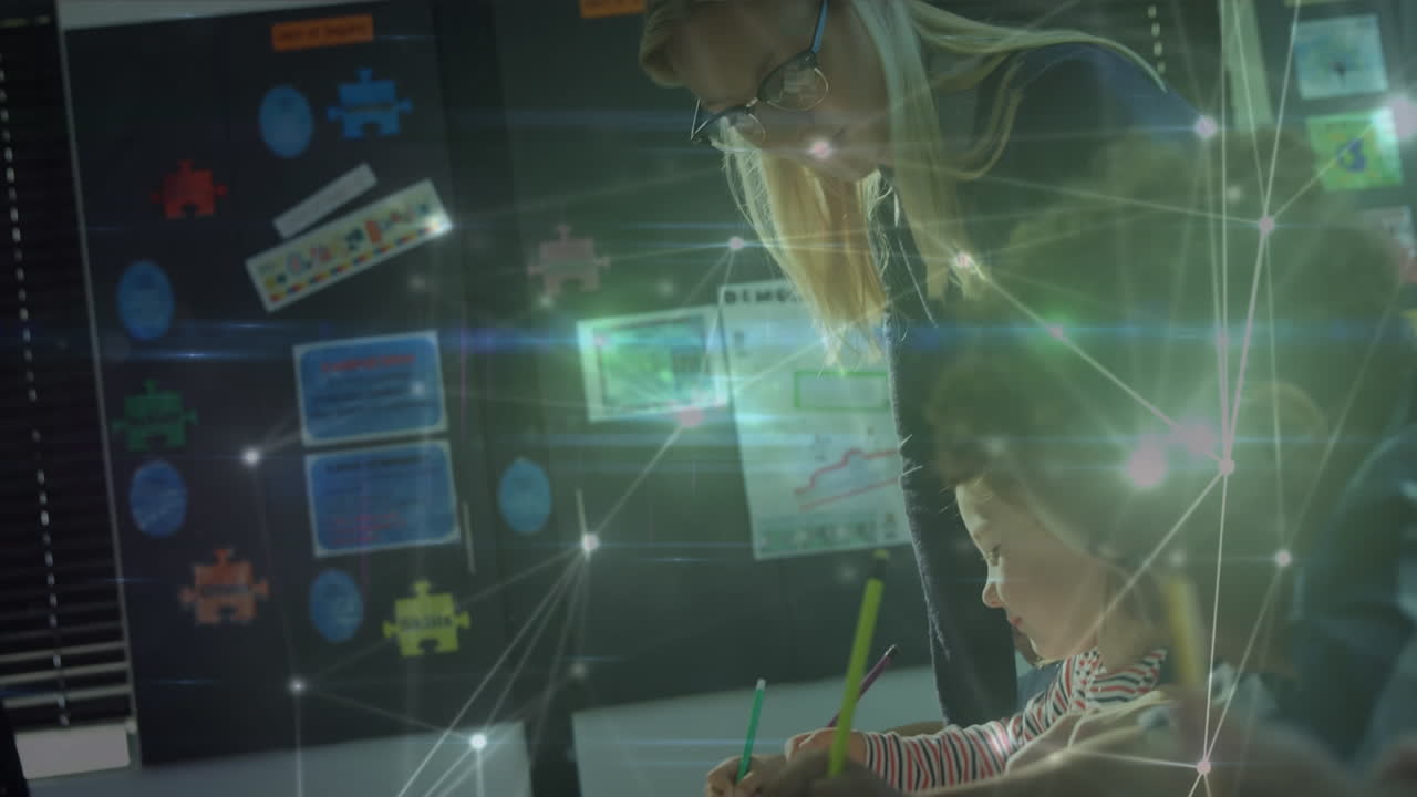 animación de una red de conexiones entre maestros y escolares felices y diversos