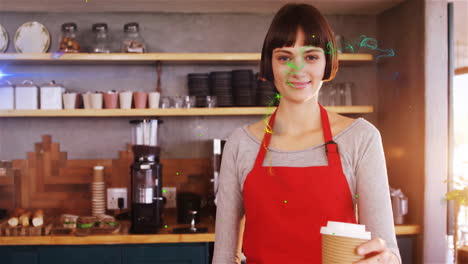 female barista holding takeaway cup behind cafe counter, showing animated coffee icon and pastries
